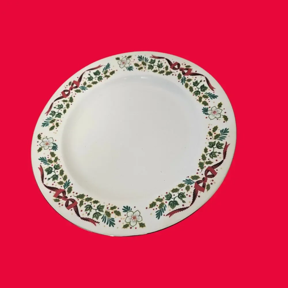 Domestications Christmas Dinner Plates Holly Ribbon Floral 1994 China Lot of 2